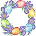 Spring flower banner of crocuses and easter eggs. Watercolor Background Royalty Free Stock Photo