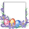 Spring flower banner of crocuses and easter eggs. Watercolor Background Royalty Free Stock Photo