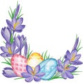 Spring flower banner of crocuses and easter eggs. Watercolor Background Royalty Free Stock Photo