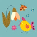 Spring flower with bird, ladybug, butterflies. Color vector illustration