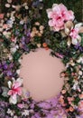 Spring, flower blank, mock-up frame for postcards. Round pink place for text. Copy space