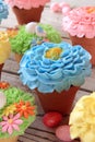 Spring flower cupcakes in pots. Royalty Free Stock Photo