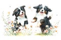 Spring flower dance of two smiling border collie puppies.