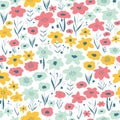 Spring flower meadow seamless vector pattern. Blue pink yellow white floral background. Repeating ditsy flower field Royalty Free Stock Photo