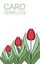 Spring flower in a modern style. Pattern, ornament, bouquet of red tulips. Card template, background with place for text