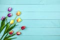 Spring flower of multi color Tulips on wood ,Flat lay image for holiday greeting card for Mother`s day,Valentine`s day, Woman`s