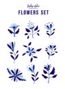 Spring flower ornament set in indigo blue color