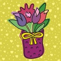 Spring Flower In Pot, On Background With Hearts, Vector Illustration.