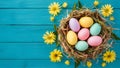 Spring flower table background with happy Easter eggs nest