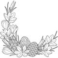 Spring flower vignette of crocuses and easter egss. Vector elements isolated. Black and white image for adult relaxation. Backgrou Royalty Free Stock Photo
