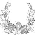 Spring flower vignette of crocuses and easter egss. Vector elements isolated. Black and white image for adult relaxation. Backgrou