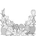 Spring flower vignette of crocuses and easter egss. Vector elements isolated. Black and white image for adult relaxation. Backgrou