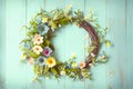 Spring flower wreath on an old rustic blue wood background