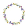 Spring flower wreath. Watercolor illustration. Spring tender garden flowers decorative round frame. Daffodil, crocus
