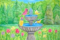 Spring flowers with bird in fountain