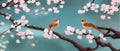 Spring flowers bloom and birds in branches with cherry apple, sakura flowers. Royalty Free Stock Photo