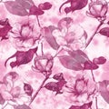 Seamless pattern. Collage of flowers on a watercolor background. Exotic flowers. Camellia - flowers and leaves. Ink drawing. Decor Royalty Free Stock Photo