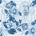 Seamless pattern. Collage of flowers on a watercolor background. Exotic flowers. Camellia - flowers and leaves. Ink drawing. Royalty Free Stock Photo