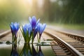 Spring flowers of blue crocuses in drops of water on the background of tracks of rain drops Royalty Free Stock Photo