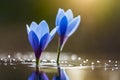 Spring flowers of blue crocuses in drops of water on the background of tracks of rain drops Royalty Free Stock Photo