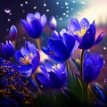 Spring flowers of blue crocuses in drops of water on the background of tracks of rain drops