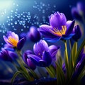 Spring flowers of blue crocuses in drops of water on the background of tracks of rain drops