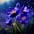 Spring flowers of blue crocuses in drops of water on the background of tracks of rain drops