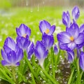 Spring flowers of blue crocuses in drops of water on the background of tracks of rain drops