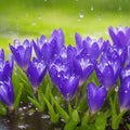 Spring flowers of blue crocuses in drops of water on the background of tracks of rain drops Royalty Free Stock Photo