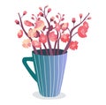 Spring flowers in a blue mug. Pink cherry blossoms bouquet. Floral decoration vector illustration. Springtime, home