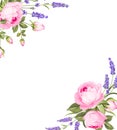 Spring flowers bouquet of color bud garland. Label of lavender with rose flowers.