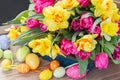 Spring flowers bouquet with easter eggs Royalty Free Stock Photo