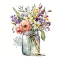 Spring Flowers Bouquet in Mason Jar Watercolor, Illustration, clipart, Isolated on White Background - Generative AI Royalty Free Stock Photo