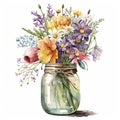 Spring Flowers Bouquet in Mason Jar Watercolor, Illustration, clipart, Isolated on White Background - Generative AI Royalty Free Stock Photo