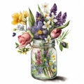 Spring Flowers Bouquet in Mason Jar Watercolor, Illustration, clipart, Isolated on White Background - Generative AI Royalty Free Stock Photo