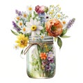 Spring Flowers Bouquet in Mason Jar Watercolor, Illustration, clipart, Isolated on White Background - Generative AI Royalty Free Stock Photo