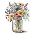 Spring Flowers Bouquet in Mason Jar Watercolor, Illustration, clipart, Isolated on White Background - Generative AI Royalty Free Stock Photo