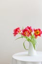 Spring flowers. Bouquet of red tulips in a vase on white background. Mother`s Day and Valentines Day background. Side view, copy