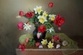 Spring flowers in a bouquet.Still life with tulips and daffodils in a vase Royalty Free Stock Photo
