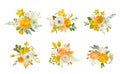 Spring flowers bouquets, yellow daffodil, rose, white fresia, eucalyptus, greenery, fern. Vector design elements