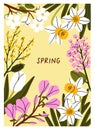 Spring flowers, card design. Framed floral background. Natural botanical postcard with blossomed blooms, daffodil and