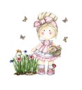 Spring flowers composition with a cute Tilda doll, watercolor illustration for cards, backgrounds,scrapbooking.Cartoon hand drawn