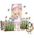 Spring flowers composition with a cute Tilda doll, watercolor illustration for cards, backgrounds,scrapbooking.Cartoon hand drawn