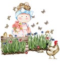 Spring flowers composition with a cute Tilda doll, watercolor illustration for cards, backgrounds,scrapbooking.Cartoon hand drawn
