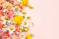 Spring Flowers composition on pastel pink background. Floral concept for Easter, Woman`s day or Valentine`s day