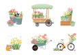 Spring flowers compositions set isolated on white. Flower cart, garden wheelbarrow, cyclist with bouquets. Vector Royalty Free Stock Photo