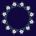 Spring flowers. Daffodil flowers interlaced into an intricate circular ornament on a dark blue background. Art Nouveau