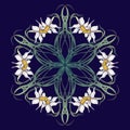 Spring flowers. Daffodil flowers interlaced into an intricate circular ornament on a dark blue background. Art Nouveau