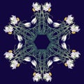 Spring flowers. Daffodil and snowdrop flowers interlaced into an intricate circular ornament on a dark blue background