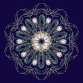 Spring flowers. Daffodil and snowdrop flowers interlaced into an intricate circular ornament on a dark blue background